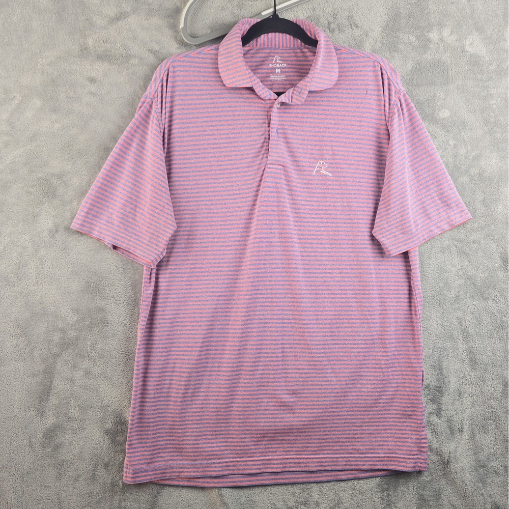 RHOBACK Polo Mens Sz Medium Shirt Pink Blue Stripe Wicking Short Sleeve Golf